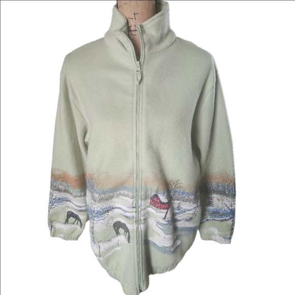 Ladies Med 1990's Tudor Court Winter Scene Zip-Up Sweater - Picture 2 of 9